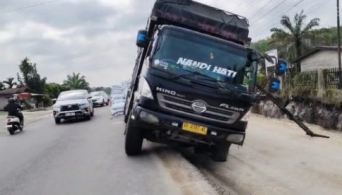 Kurangnya Rambu-Rambu Peringatan, Sebuah Truk Pakan Ternak Terperosok Ke Lubang Proyek Pelebaran Jalan Di Bangkinang