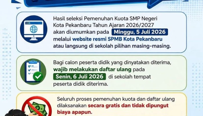 Hasil Seleksi Pemenuhan Kuota SMP Negeri Pekanbaru Diumumkan, Daftar Ulang Dimulai 6 Juli